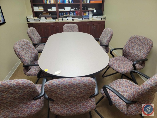 8 Cloth desk chairs and round conference table 96 x 47 1/2