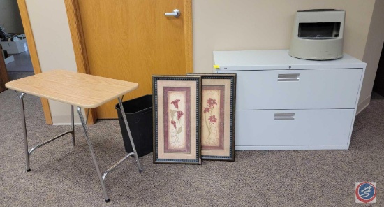 2 drawer metal file cabinet 42 x 18 ,2 floral framed picture 27 x 14 1/2 , step stool and small side