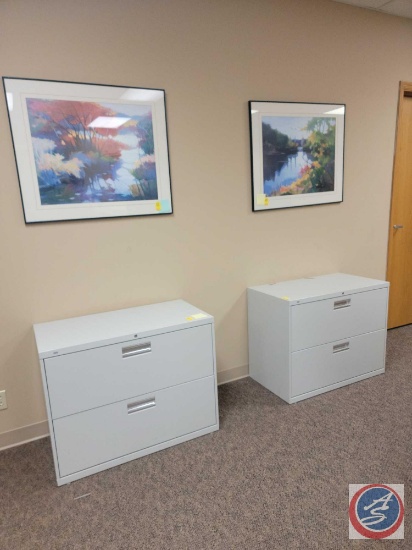 (2) 2 drawer file cabinets 36 x 19 and 2 large framed prints 28x 38 and
