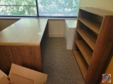 Large 4 drawer wooden desk with key 69 x 35 1/2 , 4 wooden bookshelf 36 x 12 and 2 drawer metal file