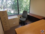 Large wooden desk with pull out keyboard 65 x 23, office chair, 2 drawer metal file cabinet 30 x19