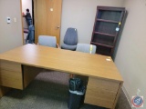4 drawer wooden desk 72 x 36, 2 cloth office chairs,office chair and wooden 5 shelf bookcase 72 x 29