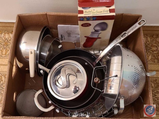 (1) flat with skillets, pans, ice cream heated scooper, flour sifter and cooling racks...