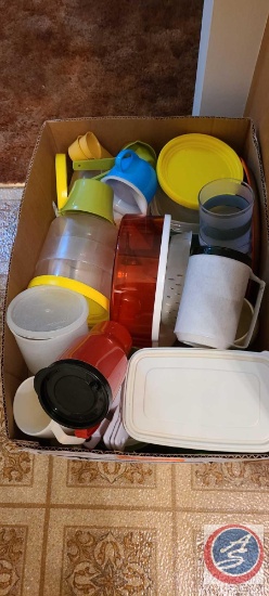 (2) flats with misc cups, mugs and tupperwear and jars with lids,...