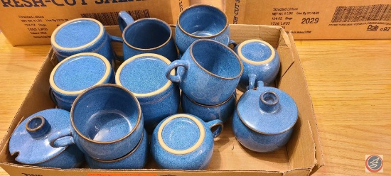 (2) flats with blue coffee mugs and sugar bowls, counter canisters and misc...