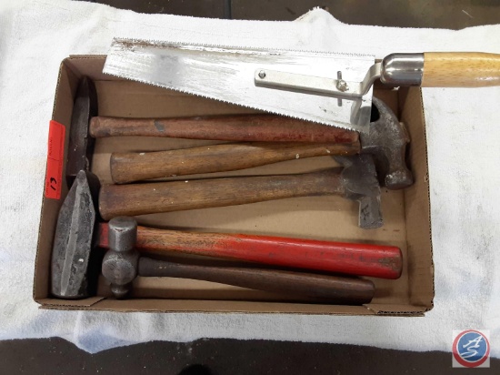 Wooden hammer, hatchet, ball peen hammer, handsaw, small sledge