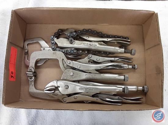 Assorted vice grips, Chain clamp