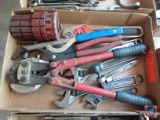 (1) Flat of assorted tools not all listed; Bolt Cutters, Ratcheting Pipe Threader, Crescent