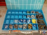 Metal Box with Dividers with assorted electrical items.