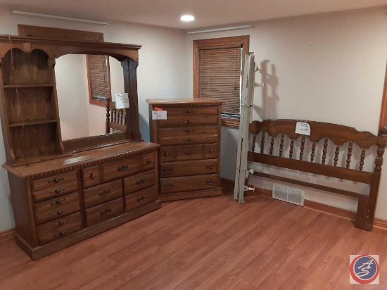 Bedroom set with large dresser with attached mirror 43W x 17D x 32H w/o mirror, with mirror 74 H and