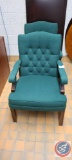 (13) Wood and Green Cloth covered chairs.