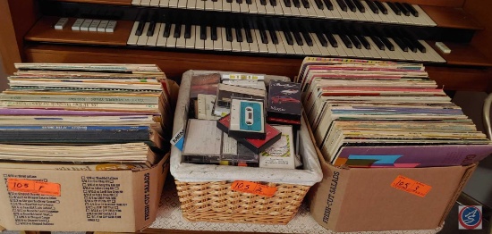 Assortment of organ sheet music, box of cassettes, and box of variety of 33 1/3 rpm vinyl records...