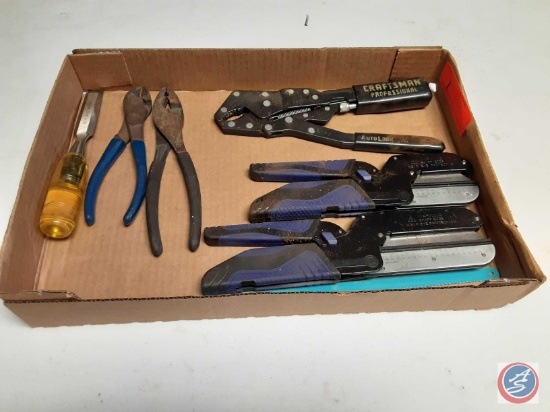 (1) Flat of Assorted Hand Tools; Craftsman Professional Auto Lock, Chisel, Wire Cutters, Pliers,