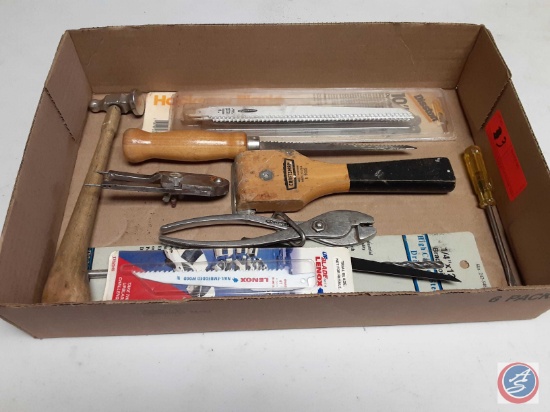(1) Flat of Assorted Items: Hammer, Sabre Saw Blades, Craftsman Scraper, Pliers, Lenox Blades.