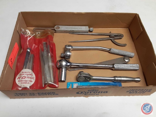 (1) Flat of assorted items; Quality Drip Forged K-D Tools, punches, & Chisels, Vintage Compass