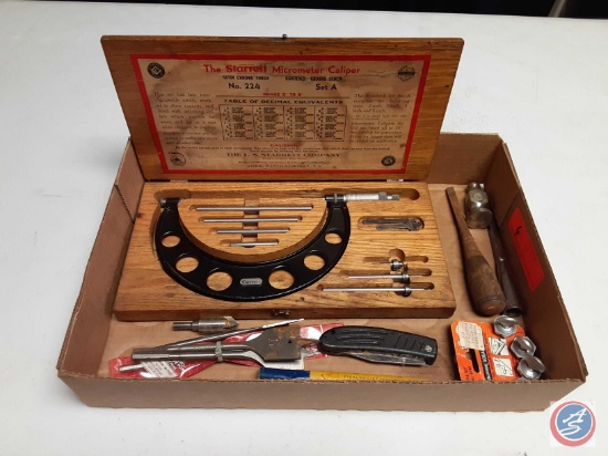 (1) Flat of Assorted Items: The Starrett Micrometer Caliper No.224 Set A, Dewalt Wholesaw, 2 metal