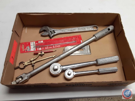 (1) Flat of Assorted Items: 2 Ratchets, Extension Bar, Crescent Wrench, Compass,Scraper Blades.