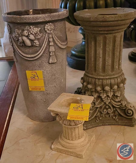 (1) Pedestal Candle Holder, (1) Pedestal, (1) Ancient looking Vase.