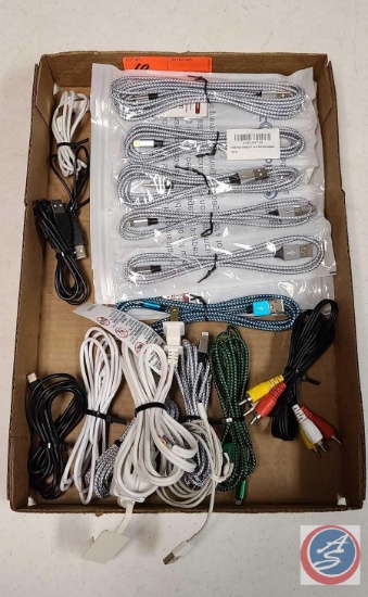 (1) Flat of I-Phone Charging Cords, Small Extension Cord, Misc cords.