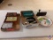 (2) Flats with following items, jewelry boxes, Stress...buster, beaded purse, advance alarm clock,