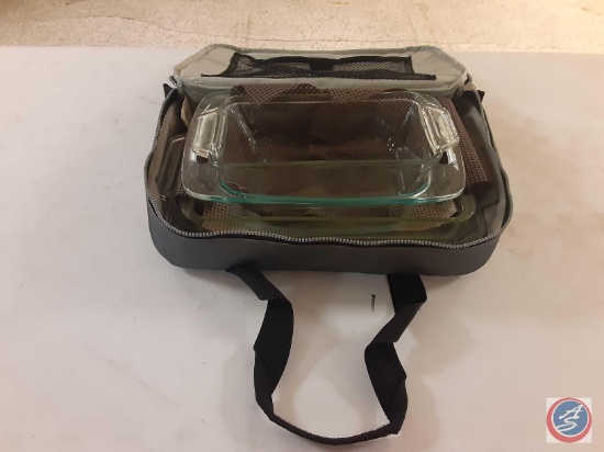 (1) Insulated Casserole Dish Carrier, (4) Glass Casserole Dishes with Hot Pad sheets.