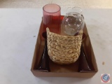 Flat with vases, glass pitcher and woven basket...