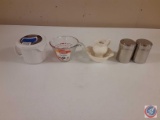 Corning Ware Soup Mug, Pyrex Measuring Cup, Salt & Pepper shakers, Pitcher and Bowl.