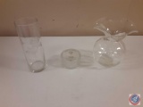 Oval Glass Vase w/Flower engraved on surface, Glass Canister, Fluted Glass Vase