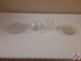 Glass Starburst Candy Dish, Glass Floral Design...Serving Tray, Glass Footed Creamer, Glass DIvided