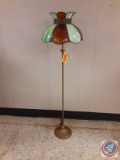 Vintage Cast Iron Floor Light w/Stained Glass Shade Signed RM103