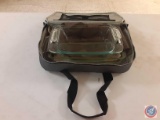 (1) Insulated Casserole Dish Carrier, (4) Glass Casserole Dishes with Hot Pad sheets.
