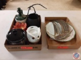 Glass Jug, Small Crock Pot, Owl Candle Burner, Leaf Dish, Candle Holder, Metal Ships, 3 white