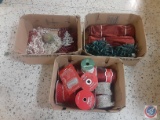 (3) Boxes of Christmas Stuff, Beads, Ribbon, String of Christmas Lights.