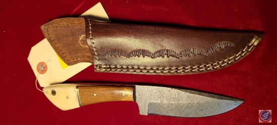 Handmade Damascus Cutlery Salvation D2 Steel Knife w/Ivory and wood handle and leather sheath...