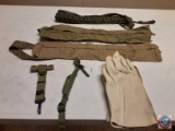 (3) ammunition belts one pair of leather gloves and a leather chin strap