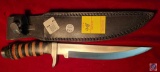 KMA Trader Black Horse Damascus Knife w/Leather Sheath