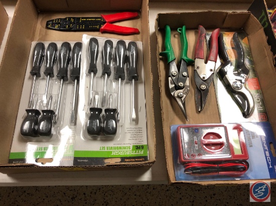 (2) Flats of assorted items:(2) sets of... Pittsburgh 6pc Screwdriver Sets, Wire cutter, Assorted