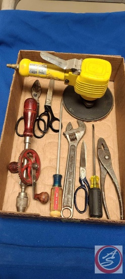 (1) Flat with Air Sander AT-1068 , Vintage Hand Drill, Scissors, Pliers, Assorted Screw Drivers,