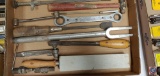 (1) Flat full of carving tools, ball joint remover, Ratchet...wrench and misc items...