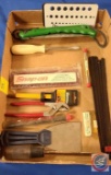 (1) Flat of assorted items: Screw driver, Putty Knife, Pliers, Ruler, knife, Drill Gauge , Saw