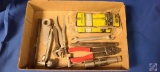 (1)Flat of assorted items:... Allen T Handle Set, Open end wrench, Wire Cutter, wedge, socket
