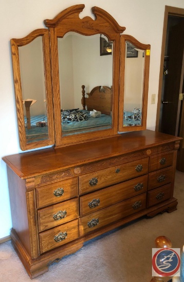 9 Drawer Wooden Dresser w/Mirrors, approx. measurements- 87"LX18"WX32"H.