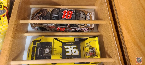 Shadow Box with 5 diecast cars, some with authenticity certificate and some with original boxes, #36