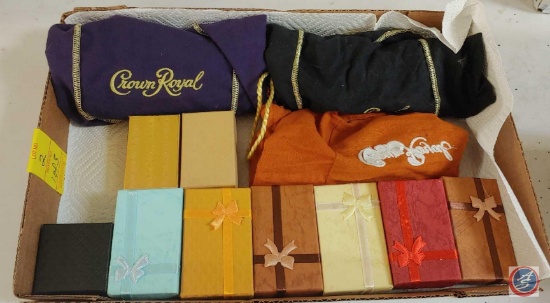 Jewelry gift boxes, Crown Royal cloth bags, necklaces, bracelets, gold colored chain bracelets and