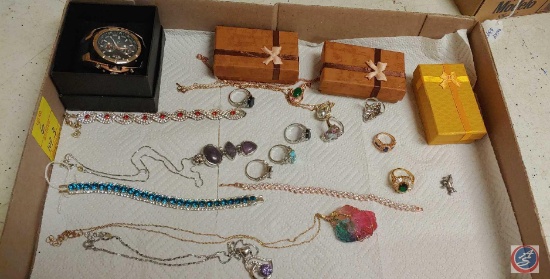 Costume jewelry, jewelry gift boxes, rings, bracelets, necklaces, and turquoise looking necklaces...