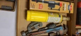 (1) Flat containing Pro45 Fill Valve, Pipe Torch, Pipe Cutter, Pipe Wrench. (1) Flat whole saw bits,