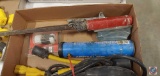 (3) Flats containing A variety of Items: Craftsman drill, cambuckle tie downs, condo DC 12V Tire