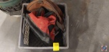 Crate With Duffle Bags, Bucket with Tool Pouch on it, Plastic Hand Divided Tool Caddy.