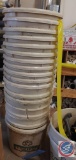 Stack of Buckets, Bucket w/pipe fittings and a hard hat