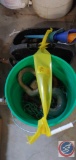 Divided Plastic Bucket with funnels, Green bucket with chain and misc stuff.